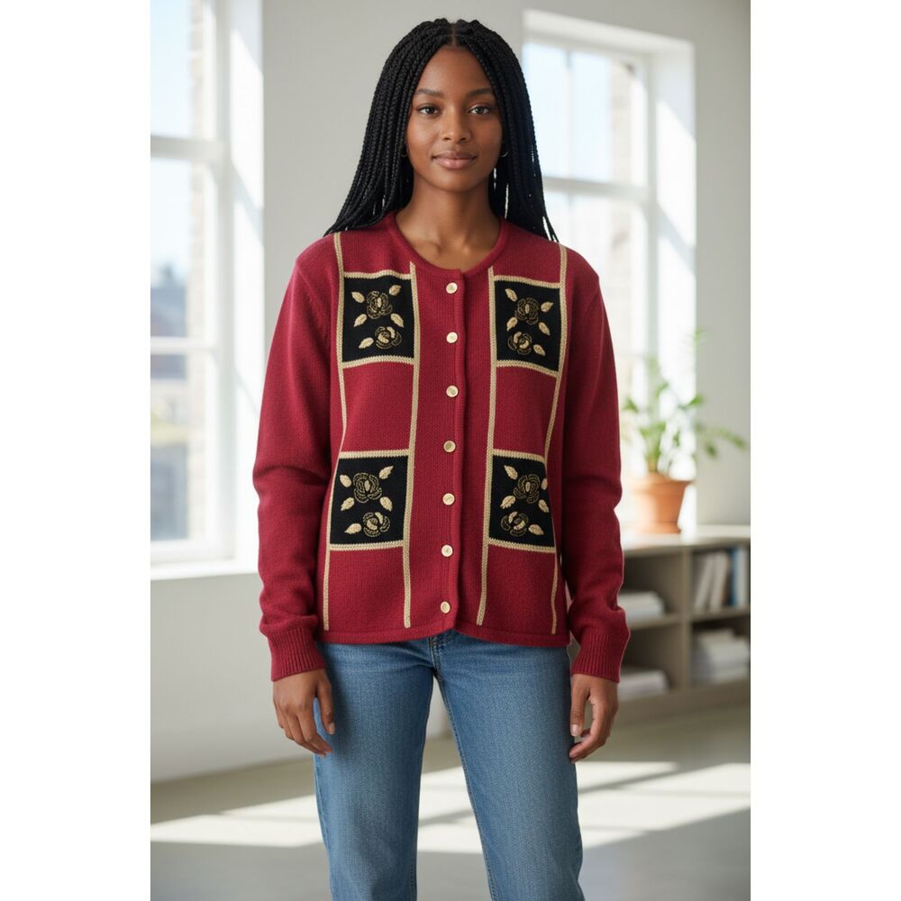 LISE J. Vintage Women's M Red Black Gold Floral Embroidered Knit Cardigan